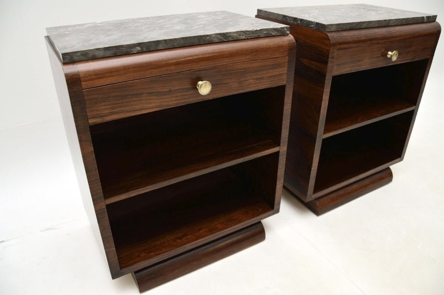 Pair of french art deco rosewood and marble bedside cabinets – A rare vintage treasure