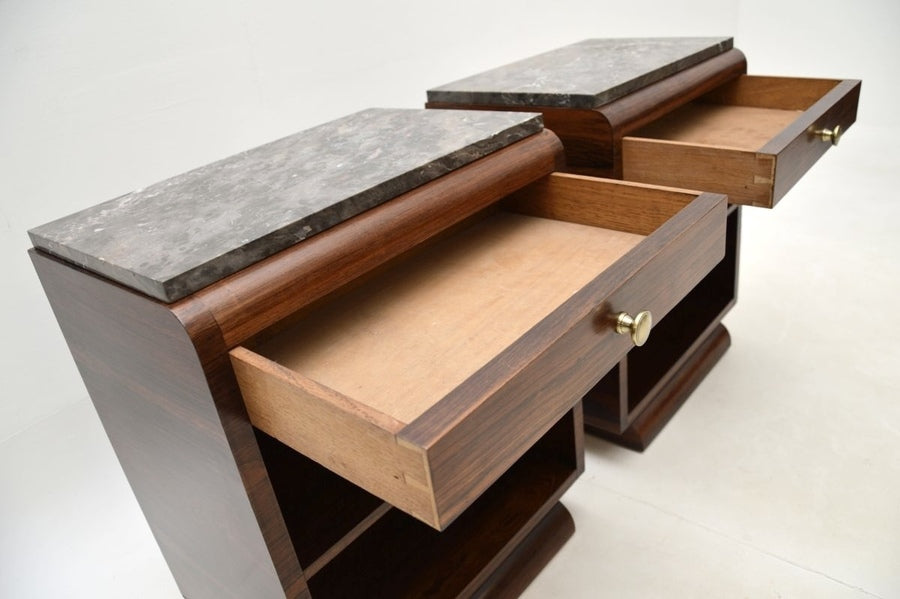 Pair of french art deco rosewood and marble bedside cabinets – A rare vintage treasure